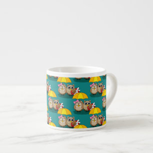 Cute Owl Lovers w/ Umbrella & Red Chocolate Box Espresso Cup