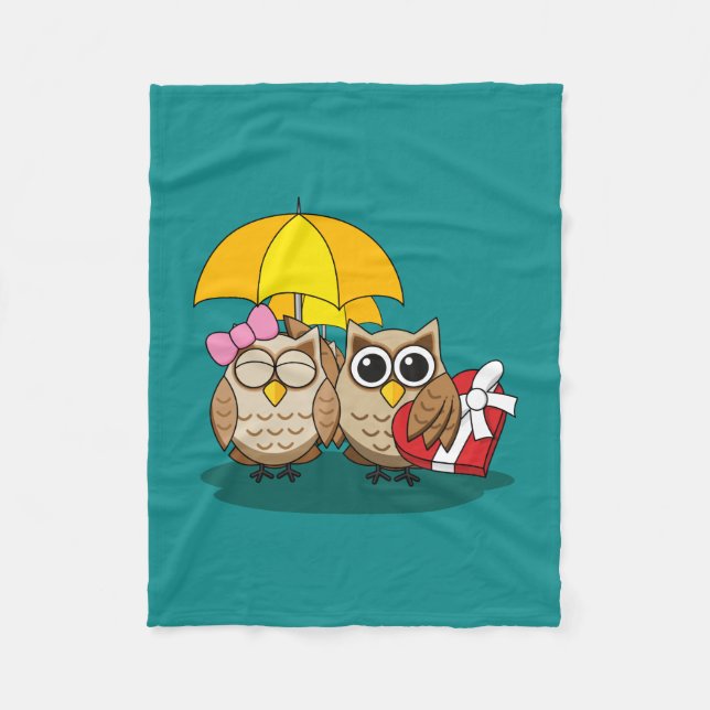 Cute Owl Lovers w/ Umbrella & Red Chocolate Box Fleece Blanket (Front)