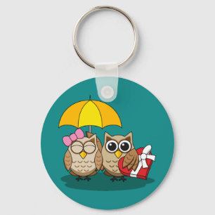 Cute Owl Lovers w/ Umbrella & Red Chocolate Box Key Ring