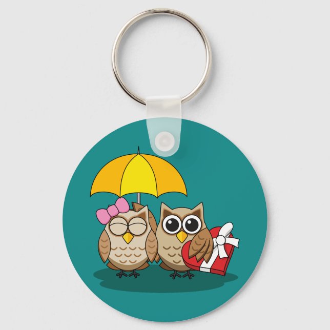 Cute Owl Lovers w/ Umbrella & Red Chocolate Box Key Ring (Front)