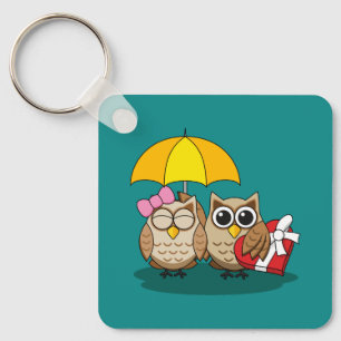 Cute Owl Lovers w/ Umbrella & Red Chocolate Box Key Ring