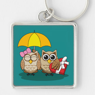 Cute Owl Lovers w/ Umbrella & Red Chocolate Box Key Ring