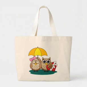 Cute Owl Lovers w/ Umbrella & Red Chocolate Box Large Tote Bag