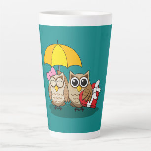 Cute Owl Lovers w/ Umbrella & Red Chocolate Box Latte Mug