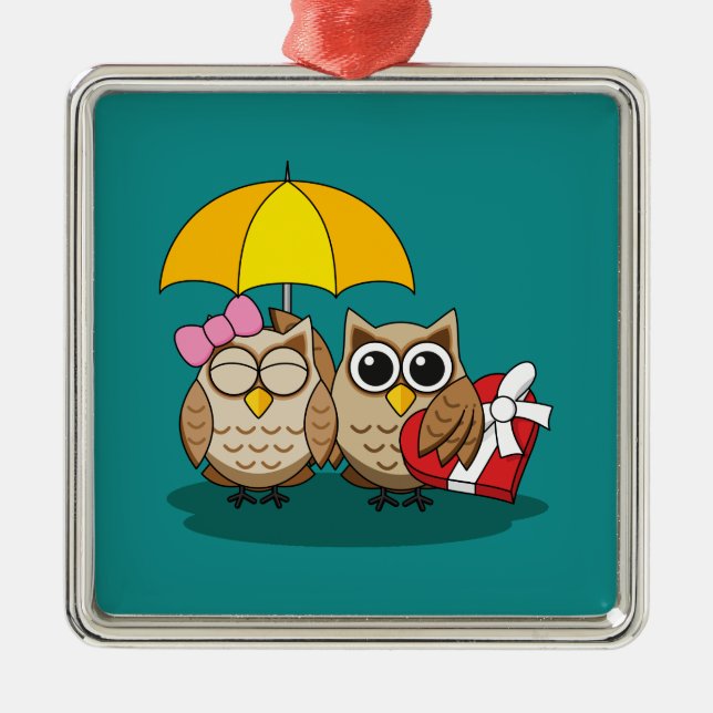 Cute Owl Lovers w/ Umbrella & Red Chocolate Box Metal Tree Decoration (Front)