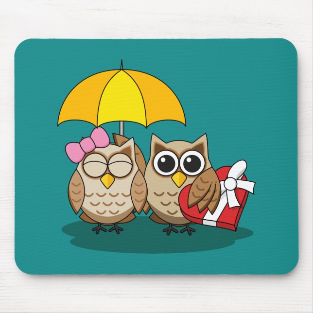 Cute Owl Lovers w/ Umbrella & Red Chocolate Box Mouse Mat (Front)