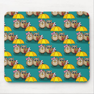 Cute Owl Lovers w/ Umbrella & Red Chocolate Box Mouse Mat