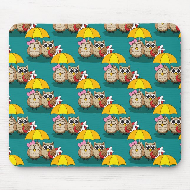 Cute Owl Lovers w/ Umbrella & Red Chocolate Box Mouse Mat (Front)
