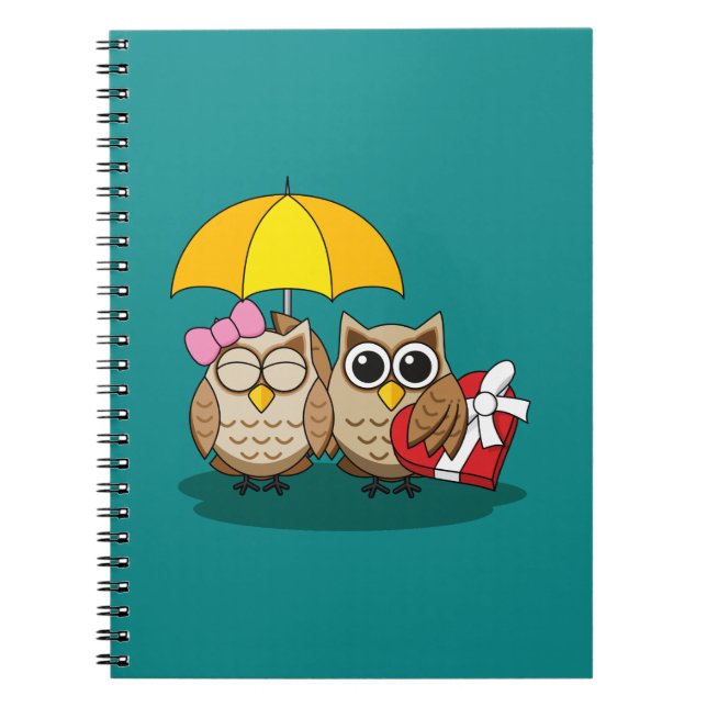 Cute Owl Lovers w/ Umbrella & Red Chocolate Box Notebook (Front)