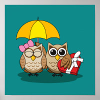 Cute Owl Lovers w/ Umbrella & Red Chocolate Box