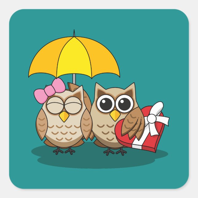 Cute Owl Lovers w/ Umbrella & Red Chocolate Box Square Sticker (Front)