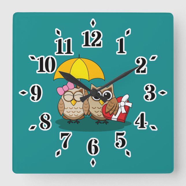 Cute Owl Lovers w/ Umbrella & Red Chocolate Box Square Wall Clock (Front)