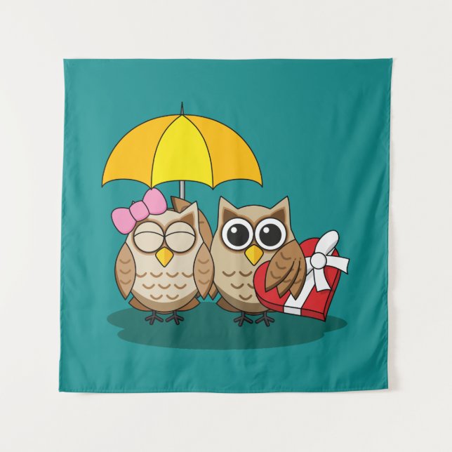 Cute Owl Lovers w/ Umbrella & Red Chocolate Box Tapestry (Front)