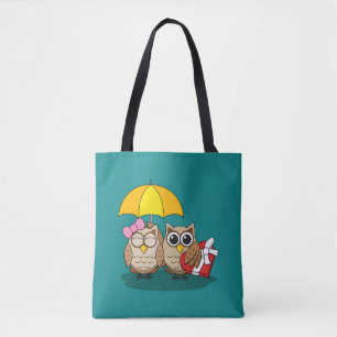 Cute Owl Lovers w/ Umbrella & Red Chocolate Box Tote Bag