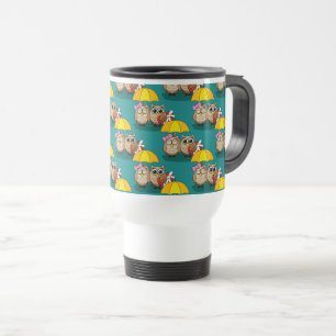 Cute Owl Lovers w/ Umbrella & Red Chocolate Box Travel Mug