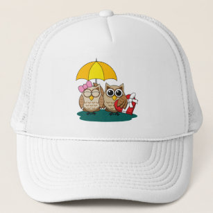 Cute Owl Lovers w/ Umbrella & Red Chocolate Box Trucker Hat