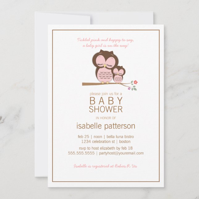 Cute Owl & Mama It's a Girl Baby Shower Invitation (Front)