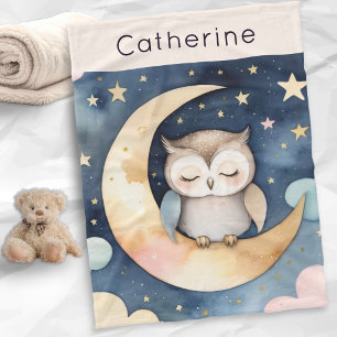 Cute Owl Moon Stars Night Sky Personalised Fleece Blanket
