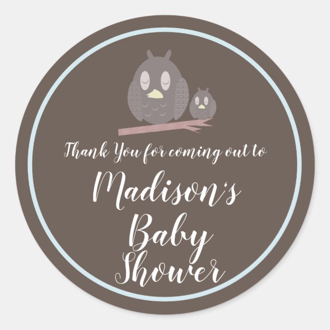 Cute Owl Mum and Baby Shower or Reveal Thank You Classic Round Sticker (Front)