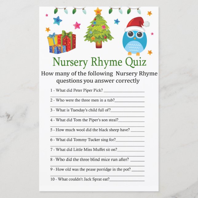 Cute Owl Nursery Rhyme Quiz baby shower game (Front)