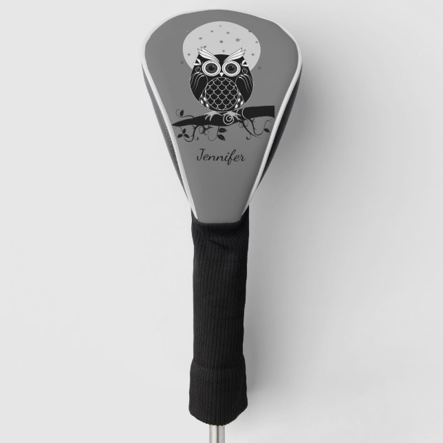 Cute owl on a branch and custom name  golf head cover (Front)
