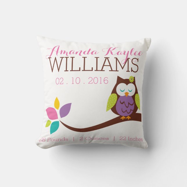 Cute OWL on a branch Baby Birth Announcement Cushion (Front)