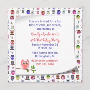 Cute Owl on a Branch Birthday Invitation