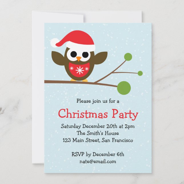 Cute Owl on a Branch Christmas Party Invitation (Front)