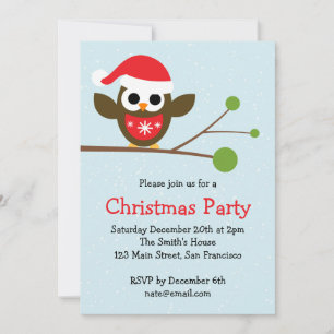Cute Owl on a Branch Christmas Party Invitation