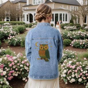Cute Owl on a Branch Embroidered Look Unisex Denim Jacket
