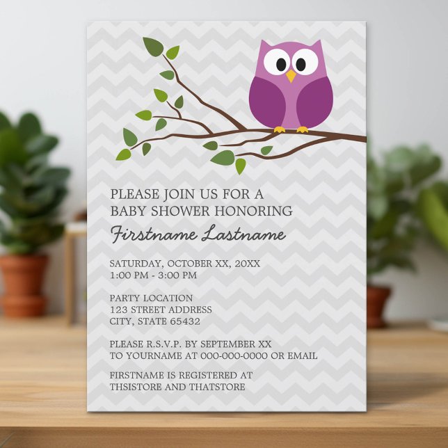 Cute Owl on Branch and chevrons Baby Girl Shower Invitation (Custom Invitation with Download Option)