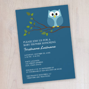 Cute Owl on Branch Baby Boy Shower Invitation