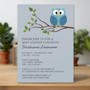 Cute Owl on Branch Baby Boy Shower Invitation