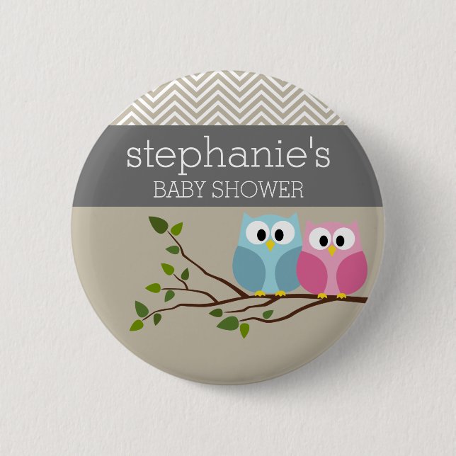 Cute Owl on Branch Baby Girl or Boy Shower 6 Cm Round Badge (Front)