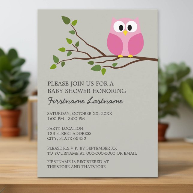 Cute Owl on Branch Baby Girl Shower Invitation (Custom Invitation with Download Option)