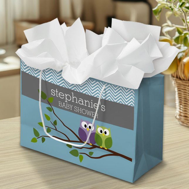 Cute Owl on Branch - Blue Baby Boy Shower Large Gift Bag (Custom Gift Bag)