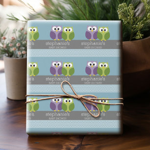 Cute Owl on Branch - Blue Baby Boy Shower Wrapping Paper