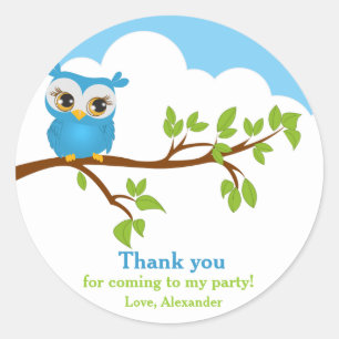 Cute Owl on Branch Boy Birthday Thank You Sticker