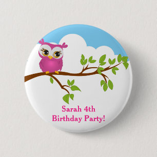 Cute Owl on Branch Girl Birthday Button