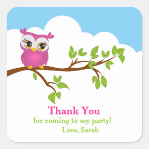 Cute Owl on Branch Girl Birthday Thank You Sticker