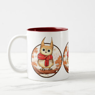 Cute Owl on branch in winter illustration Two-Tone Coffee Mug