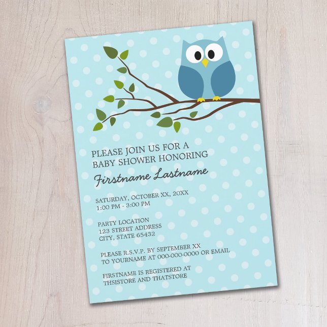 Cute Owl on Branch Light Blue Baby Boy Shower Invitation (Cute Woodland Owl Baby Shower Invitation - Pastel Blue Polka Dots)