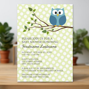 Cute Owl on Branch with polka dots Baby Shower Invitation
