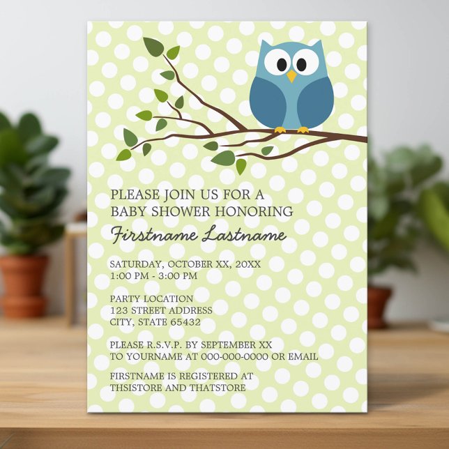 Cute Owl on Branch with polka dots Baby Shower Invitation (Custom Invitation with Download Option)