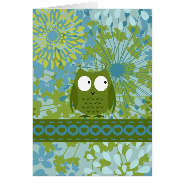 Cute Owl on Heart Ribbon with Floral Pattern (Front)