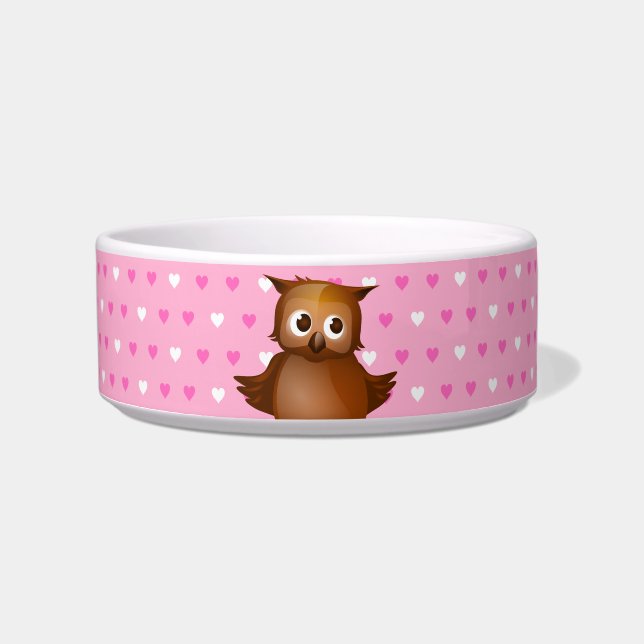 Cute Owl on Pink Heart Pattern Background Bowl (Front)