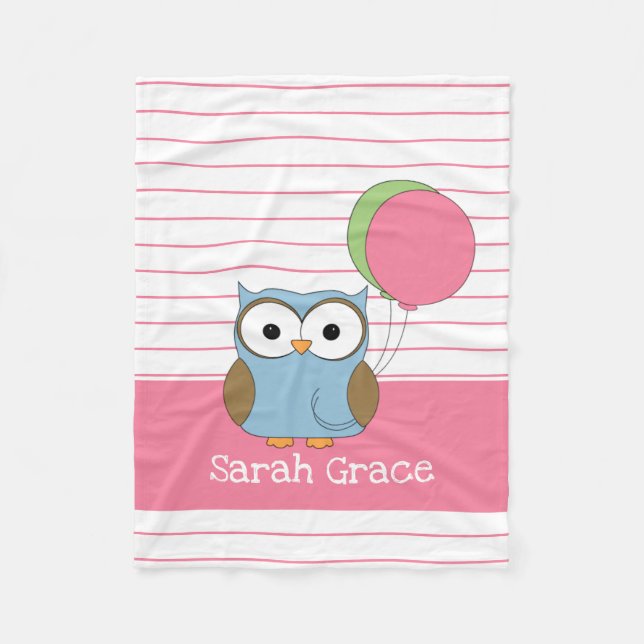 Cute Owl on Pink Pinstripes, Add Name Fleece Blanket (Front)