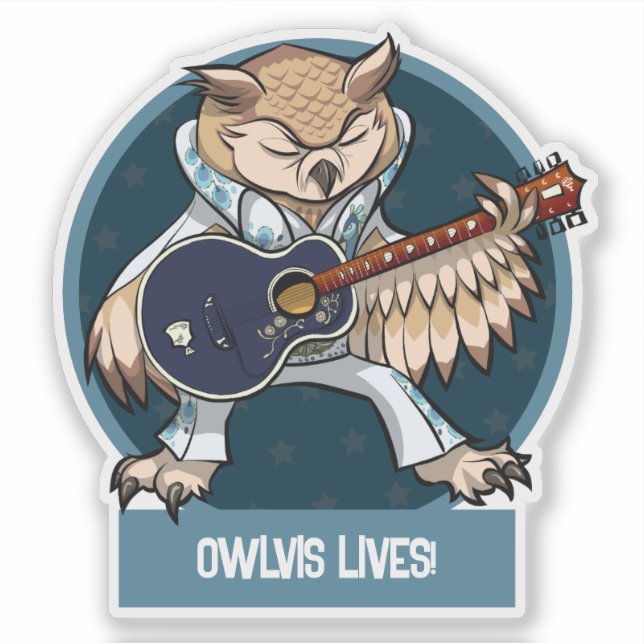 Cute Owl Owlvis Lives! Singer With Guitar Cartoon (Front)