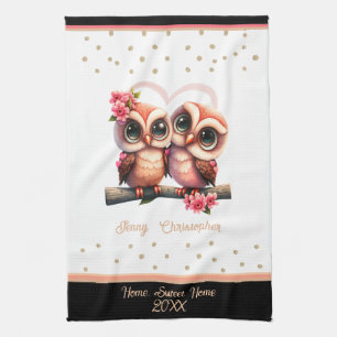 Cute owl pair in love Valentine custom name Tea Towel