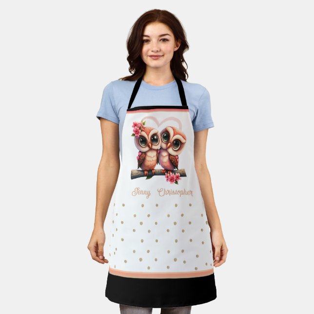 Cute owl pair in love Valentine custom names apron (Worn)